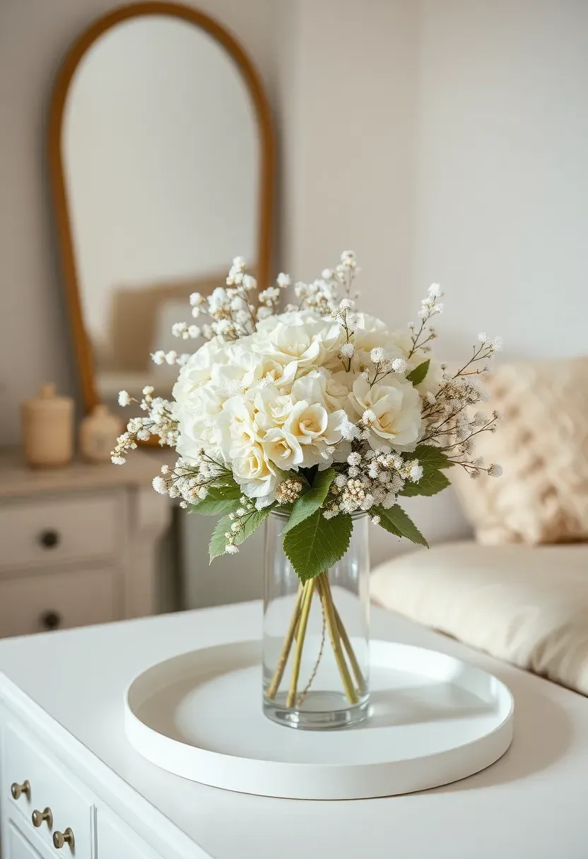 Hyper-realistic 3/4 view of bedroom dresser with dried flower arrangement in clear glass vase. White hydrangeas and baby's breath lightly sprayed with artificial snow for frosted effect. Natural dried flower tones visible through white snow coating. Glass vase on white dresser tray, mirror behind reflecting arrangement. White walls, cream bedding beyond. Materials: dried flowers, glass vase, artificial snow spray. Natural light, snowy texture catching light beautifully. Frosty Christmas floral arrangement. Shallow depth of field, sharp details on flower and snow texture. No text, no logos, no watermarks.</p>