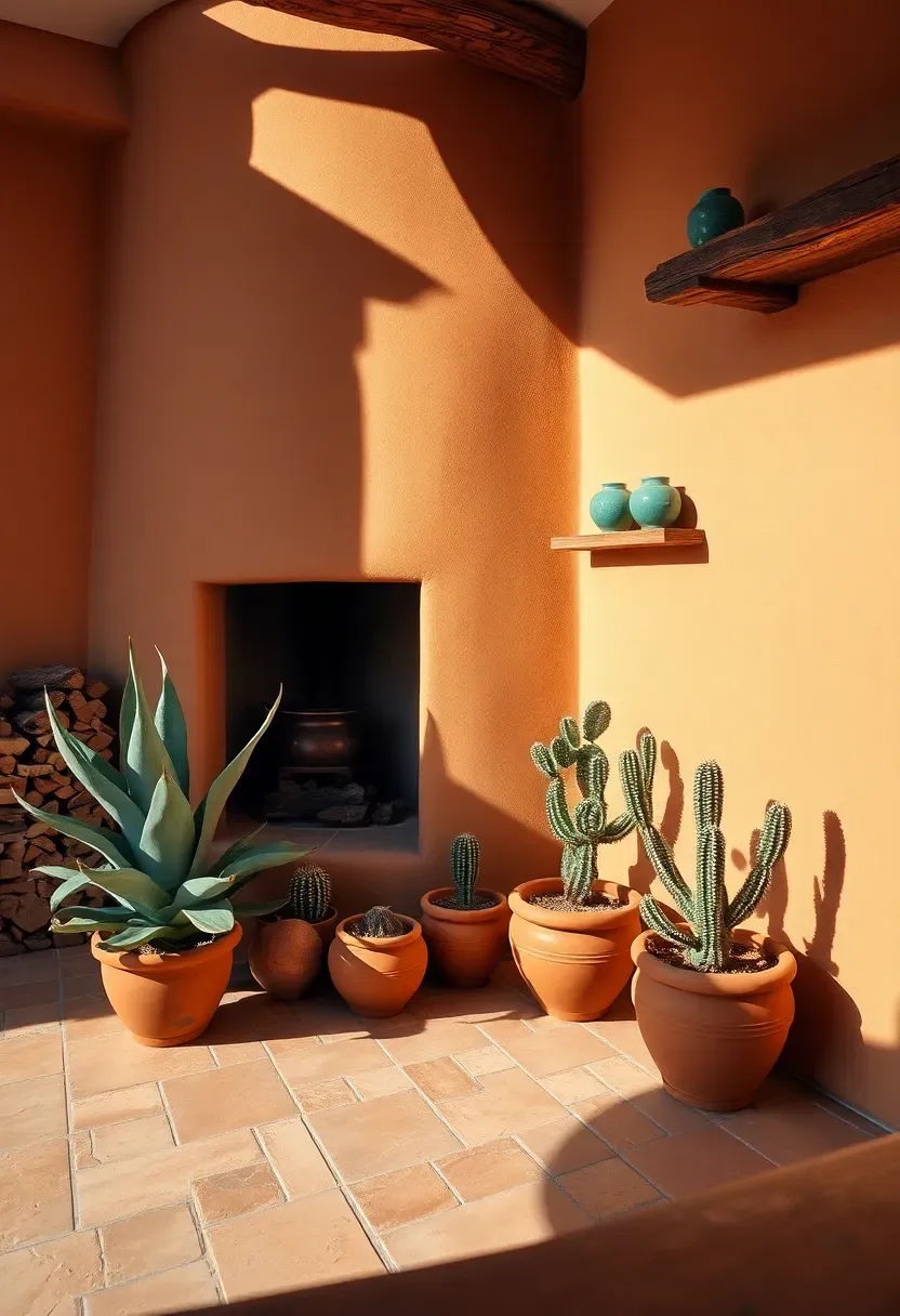 Desert Southwest patio with terracotta tile floor, adobe-style walls, a kiva fireplace, native cactus plantings, and turquoise ceramic accents