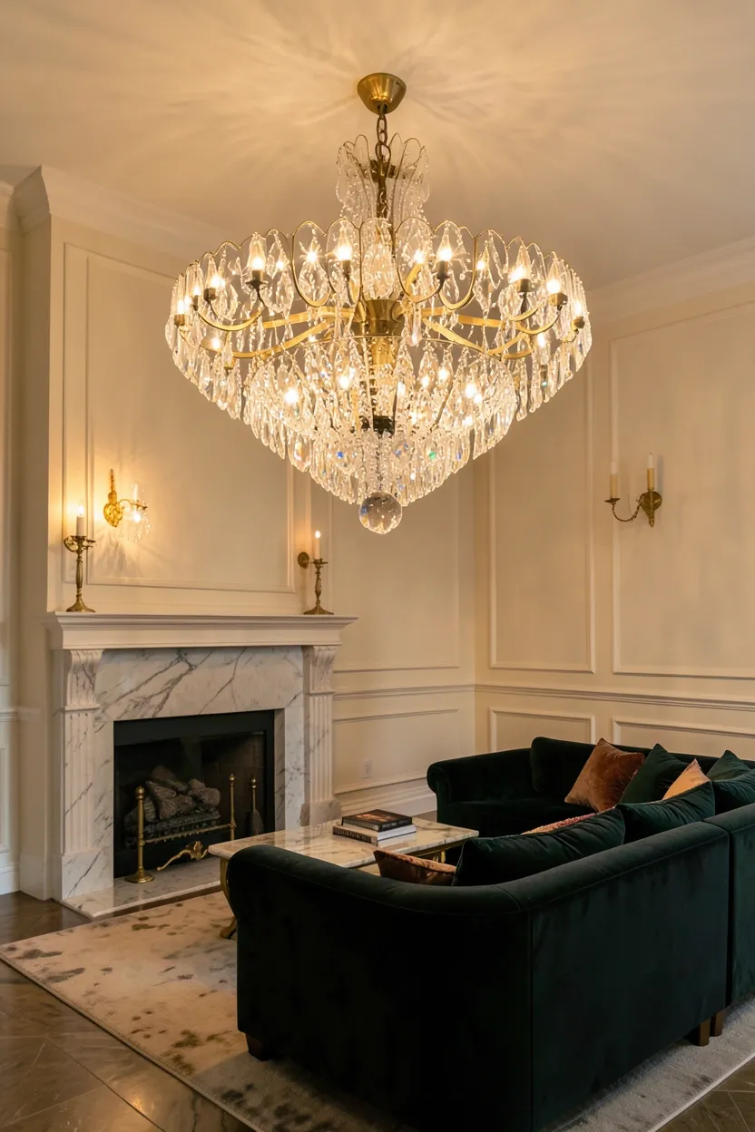 Large brass geometric chandelier above a cream sofa in a high-ceiling luxury living room with dimmable ambient lighting