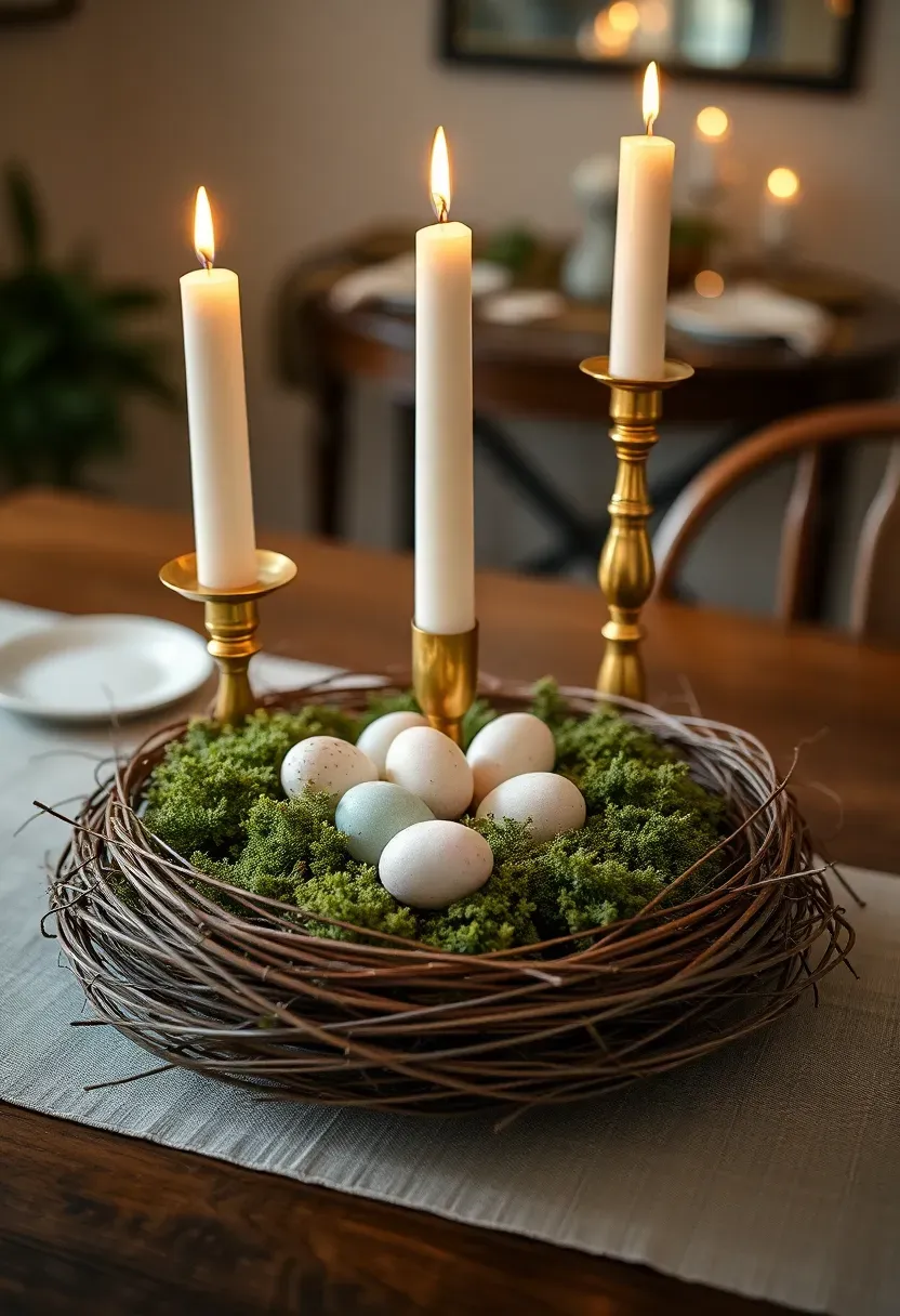 Easter centerpiece with bird nest decorated eggs and tall ivory taper candles
