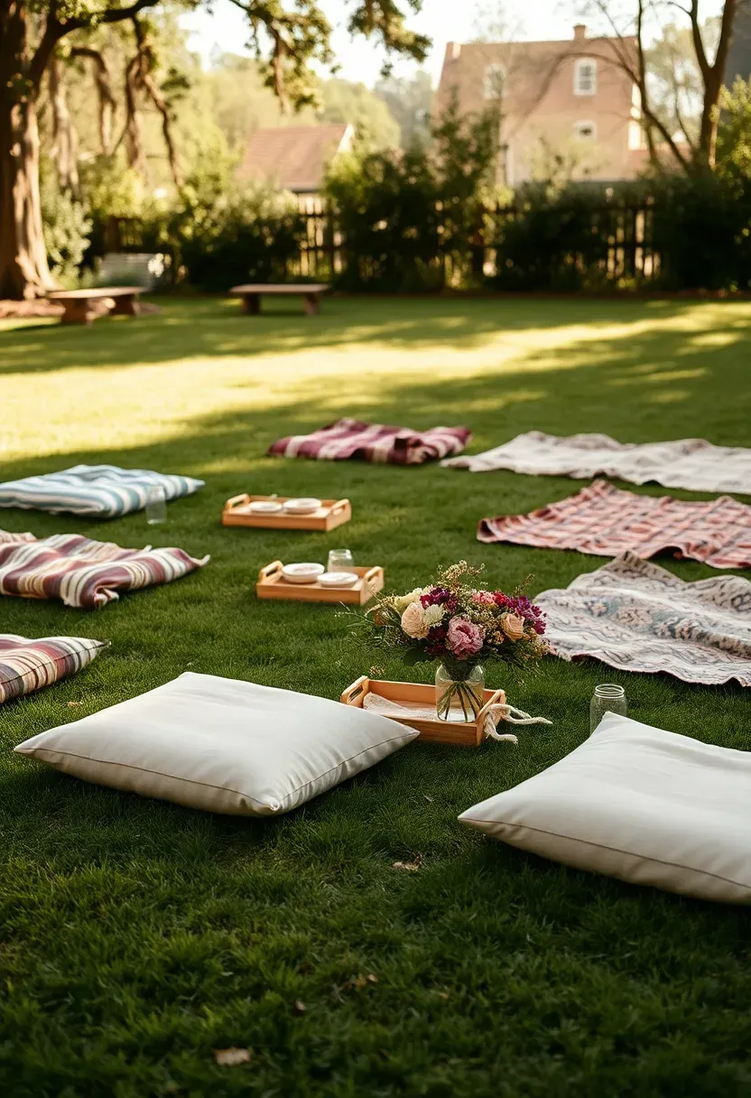 Picnic-style ground seating at a backyard engagement party with patterned blankets, low cushions, small wooden trays with food, and wildflower arrangements on the grass
