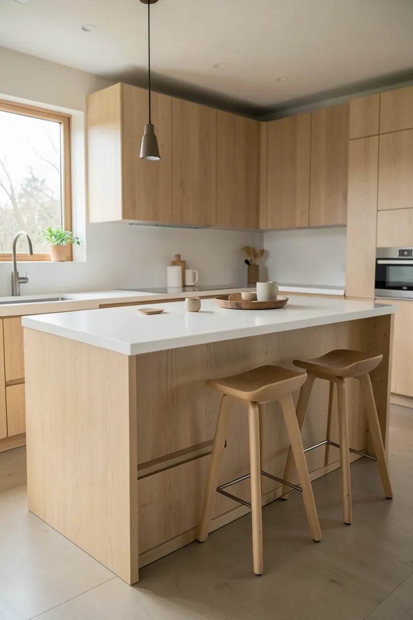 Minimalist japandi kitchen island in light wood with integrated drawers and stone countertop overhang