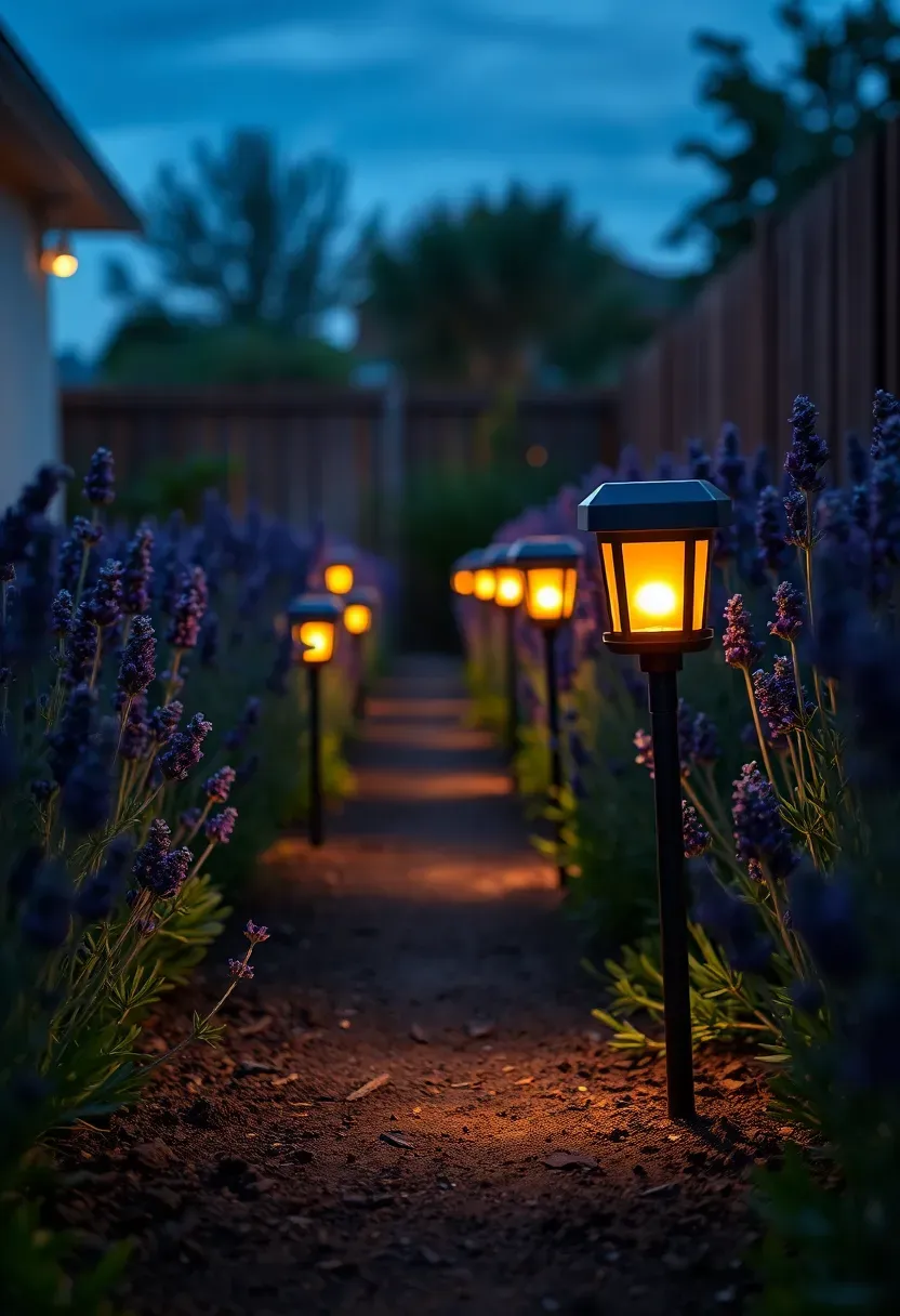 A row of dollar store solar lanterns with warm LED glow lining a backyard garden path at twilight, staked into the ground between low-growing lavender plants