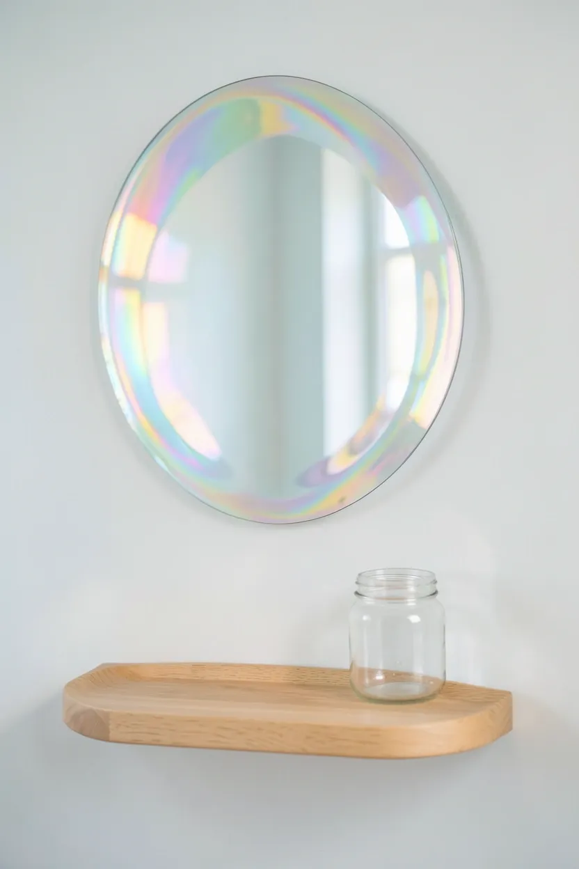 Bubble-themed bathroom decor with iridescent circular mirrors and round glass accessories in a pale blue bathroom