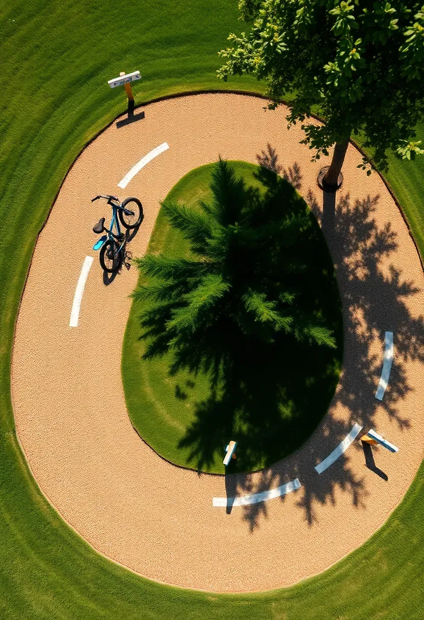 Aerial view of a backyard bike and scooter loop track made from compacted decomposed granite with painted lane markings winding through a grassy yard