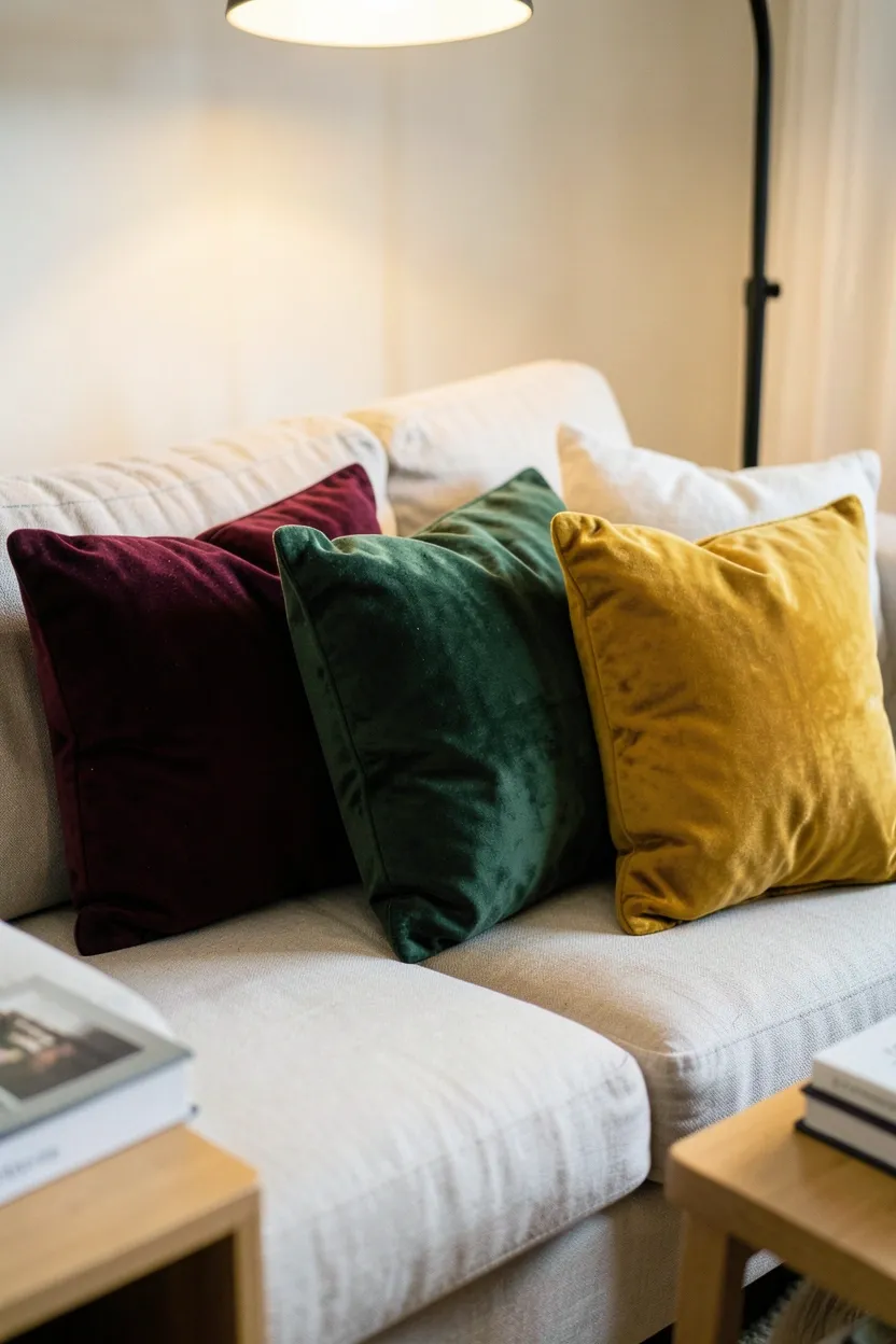 Hyper-realistic slightly elevated casual perspective of living room sofa with three velvet accent pillows arranged in casual grouping. Deep burgundy, forest green, and mustard yellow velvet pillows show light-catching sheen and natural creasing from use. Light beige linen sofa beneath. Warm ambient light from floor lamp creates soft shadows highlighting velvet texture. Part of wooden end table with stack of books visible. Materials: crushed velvet, linen, light wood. Elegant cozy mood. Shallow depth of field, sharp velvet pile details, relaxed composition. No text, no logos, no watermarks.