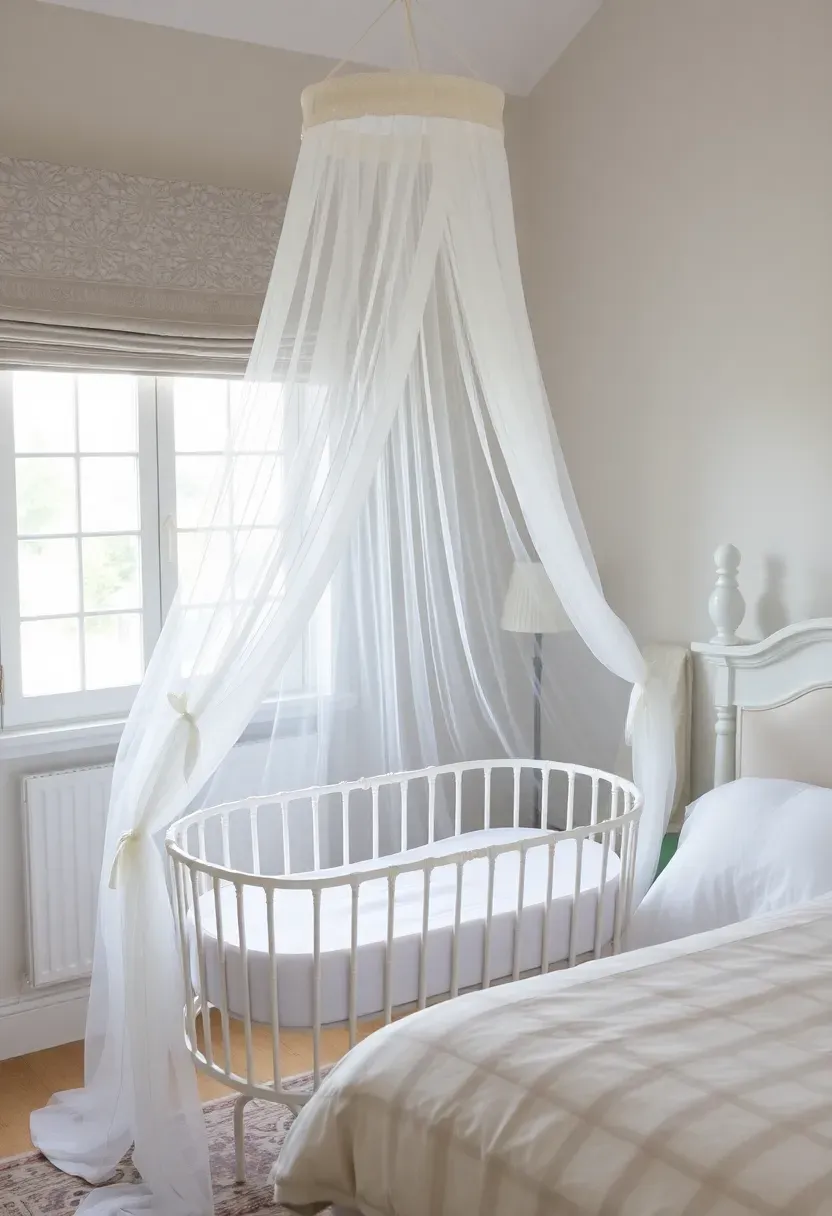 Traditional bassinet with sheer white draped canopy beside a master bed adding elegance to a nursery corner in a small bedroom rental