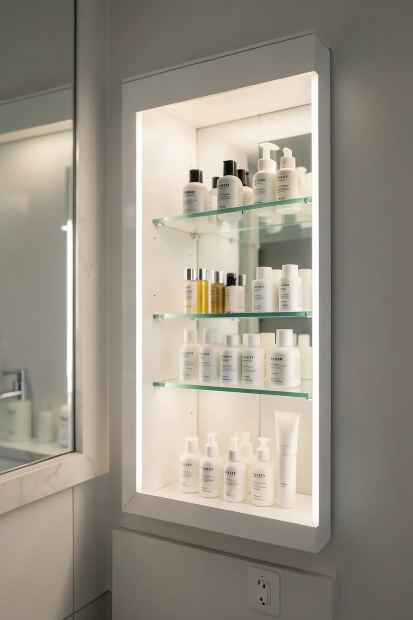 Recessed mirrored medicine cabinet with built-in LED lighting flush with white bathroom wall over vanity