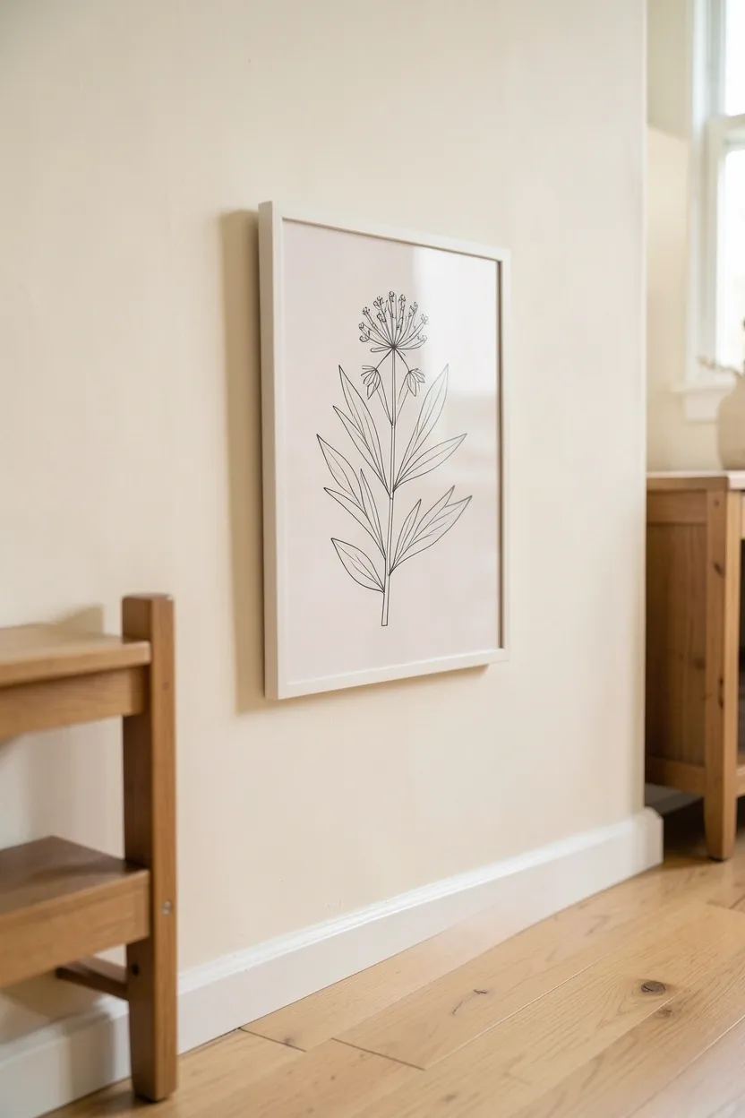 Framed botanical print in a thin wood frame on a warm neutral wall in a minimalist rental apartment