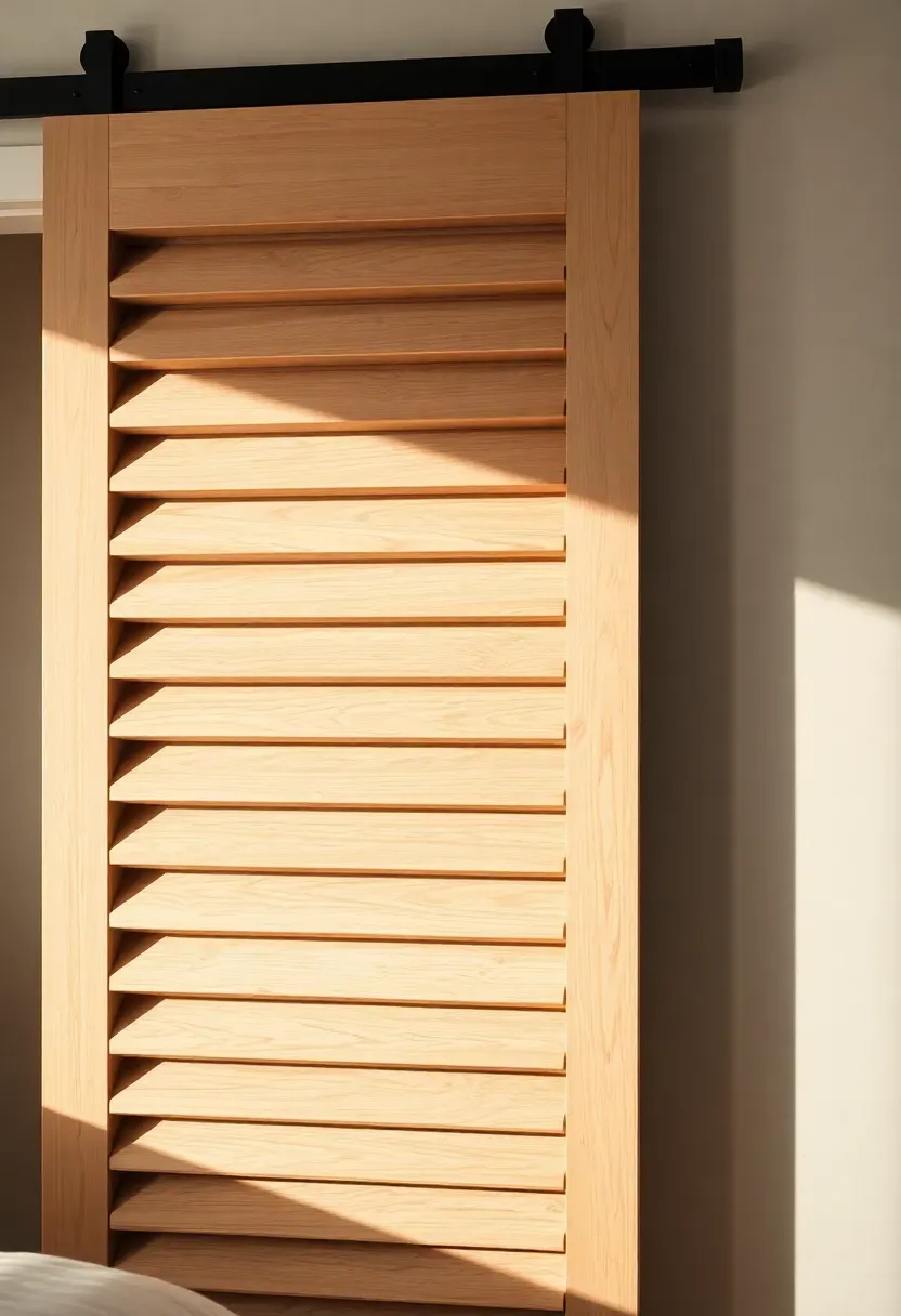 Louvered barn door with angled slats in natural white oak finish on a matte black track covering a bedroom closet