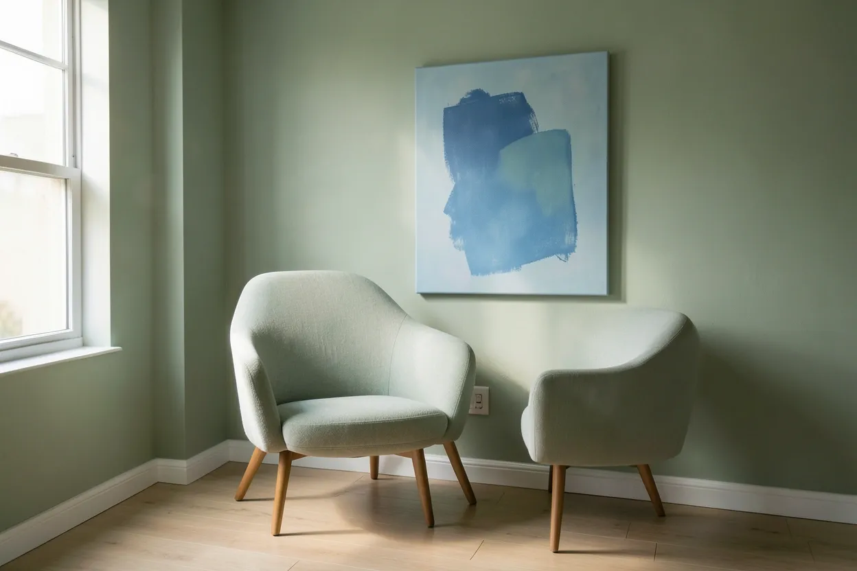 Blue and green minimalist living room in a rental apartment with sage green wall, powder blue accent chair, and potted plants