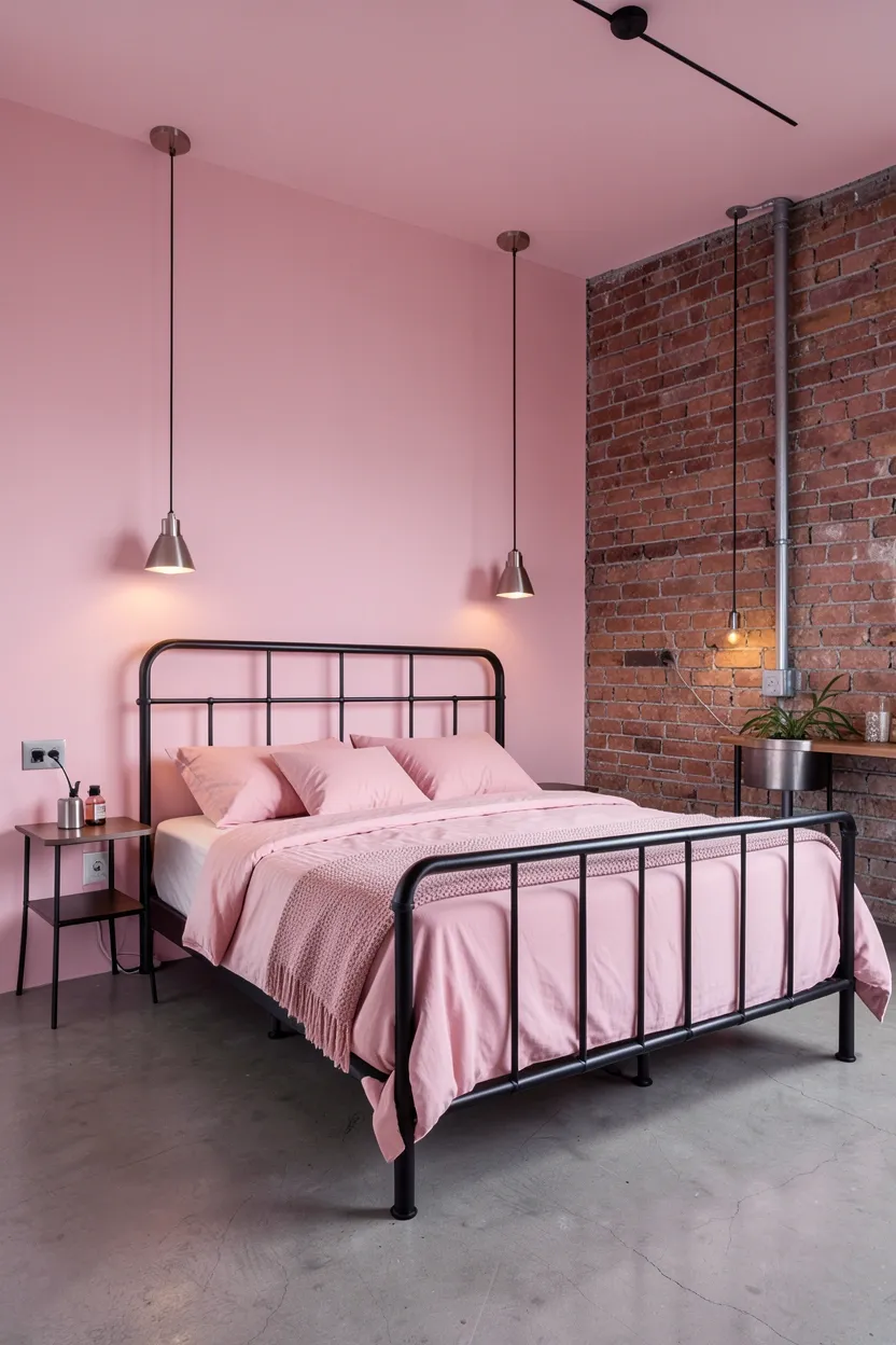 Industrial Pink Bedroom with Metal Accents