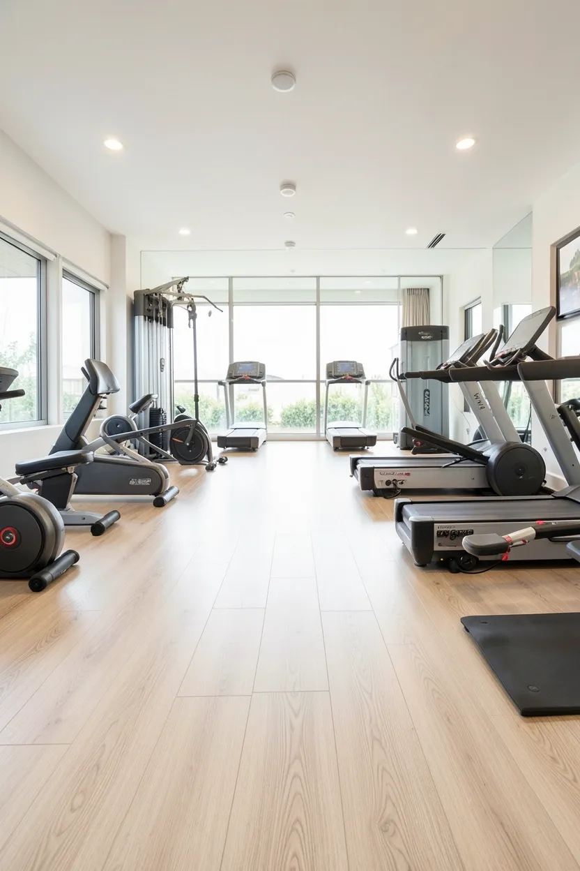 Light oak luxury vinyl plank flooring in a modern apartment home gym with dumbbells and mirror wall