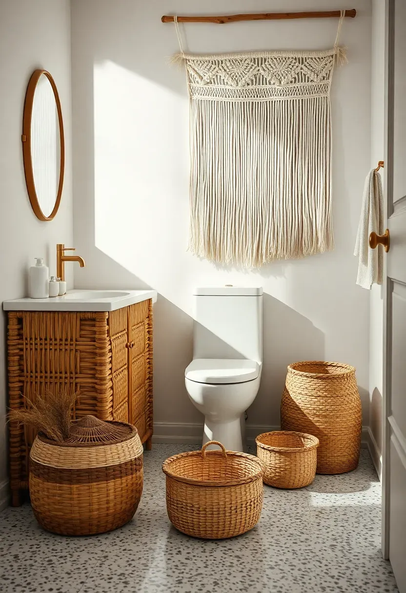 Bohemian coastal bathroom with a rattan vanity base, macrame wall hanging above the toilet, woven seagrass baskets for storage, and terrazzo floor tiles