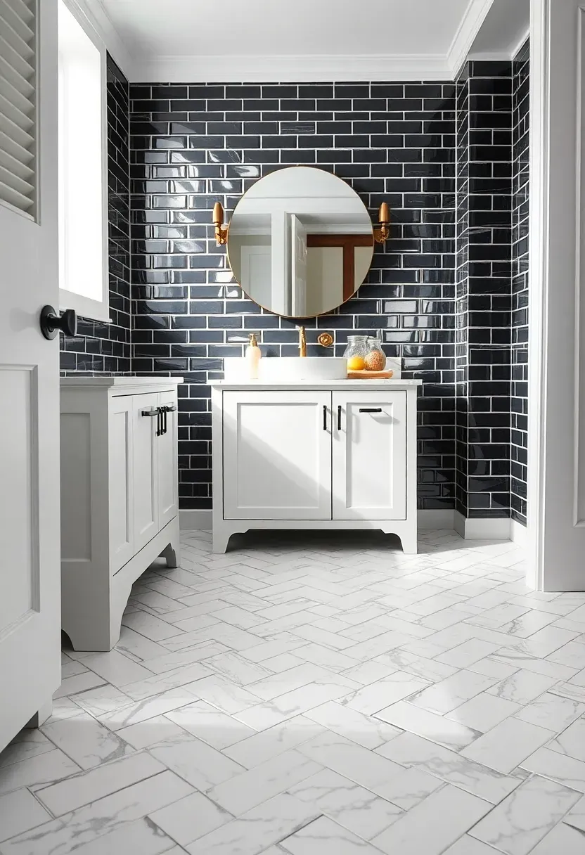 White herringbone floor tiles contrasted with black painted walls in a modern high-contrast bathroom