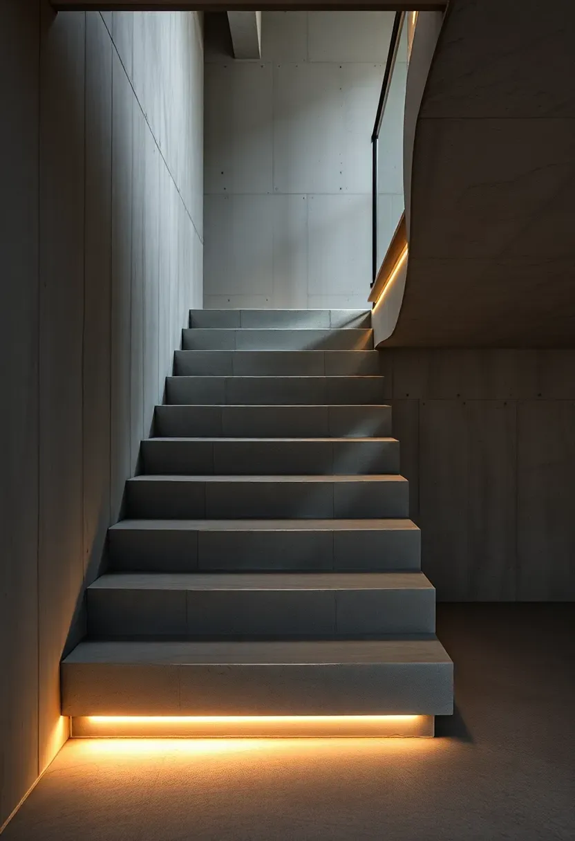 Dramatic poured-concrete cantilevered staircase with board-form texture and warm LED strip lighting recessed beneath each tread nosing