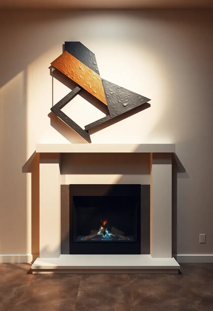 Abstract geometric metal wall sculpture in bronze and black above a sleek contemporary fireplace