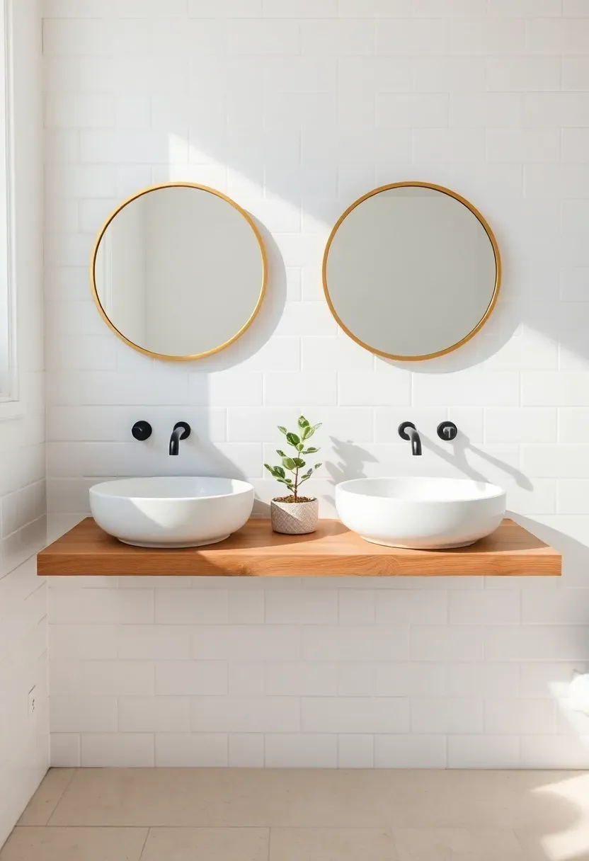 Twin white vessel sinks on a long floating wooden shelf with two round mirrors above
