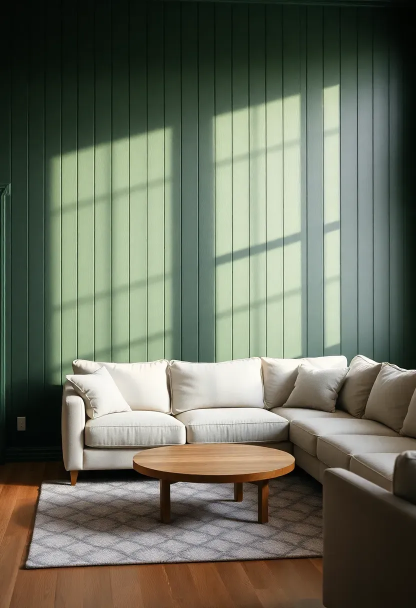 Hyper-realistic view of living room accent wall featuring vertical board and batten paneling painted in deep moody green, with cream sectional sofa and round wood coffee table in front. Materials: vertical wood battens spaced evenly creating shadow lines, deep forest green paint on both flat areas and trim, natural light oak floor, cream linen upholstery. Side lighting emphasizing the dimensional shadow patterns created by battens, visible room context showing the accent wall extending from floor to ceiling with window on adjacent wall. Sharp focus on architectural texture, no text or logos.</p>