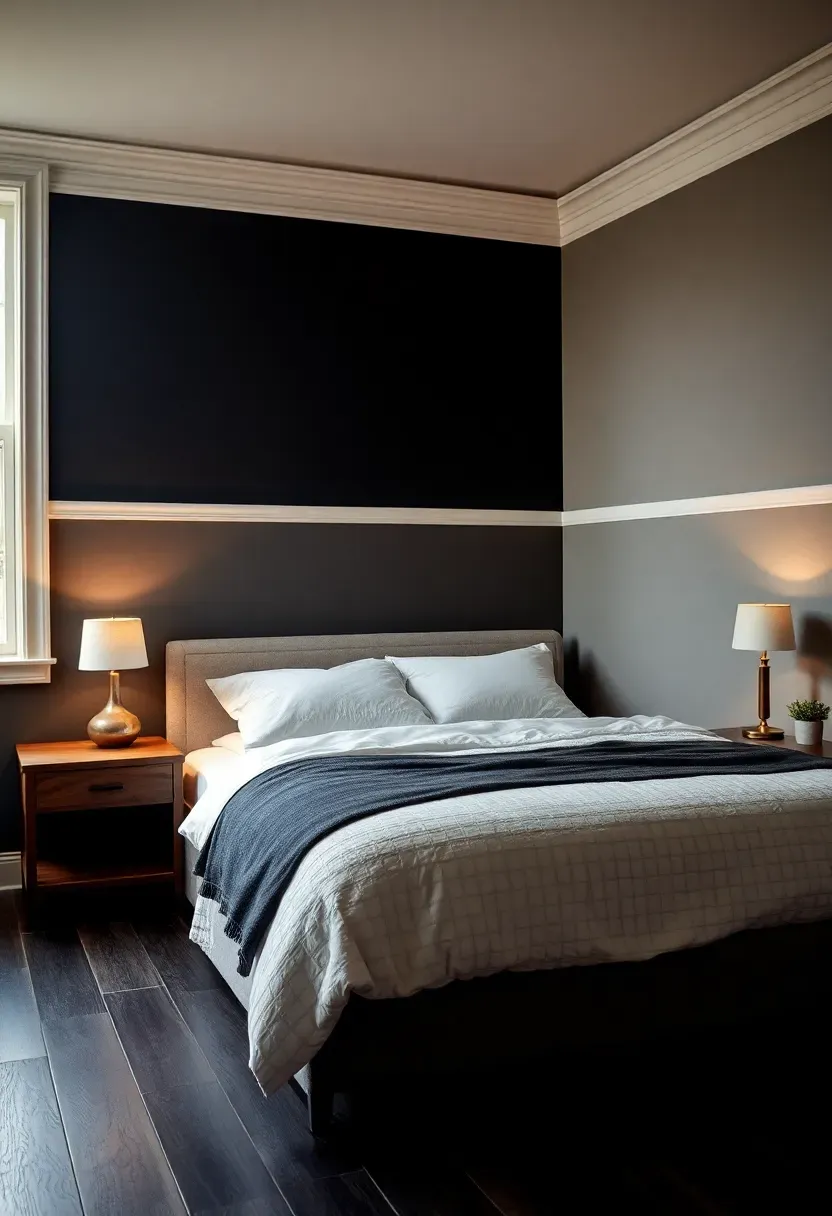 Hyper-realistic 3/4 view of bedroom with two-toned walls—bottom portion deep charcoal, top portion medium gray separated by chair rail, upholstered bed with white linens, wooden nightstands. Materials: dark charcoal paint lower wall, medium gray upper wall, white painted chair rail, textured white bedding, walnut wood. Warm ambient light from walnut nightstand lamps (2700K), soft window light left. Sophisticated architectural mood, shallow depth of field with sharp bed details. No text, no logos, no watermarks.</p>