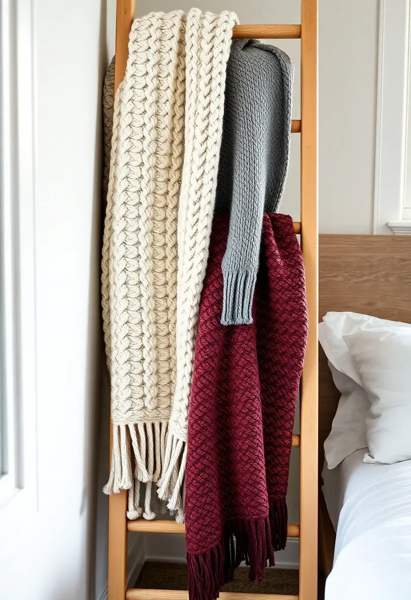 Hyper-realistic 3/4 view of bedroom corner with wooden blanket ladder leaning against wall. Three knit throws draped across ladder rungs—cream cable knit, grey wool, and burgundy chunky knit. Light wood ladder with natural finish. White walls, white bedding visible in background. Materials: wood ladder, knit throws. Natural light from window, knit textures adding warmth and dimension. Functional Christmas blanket storage. Shallow depth of field, sharp details on knit patterns and wood. No text, no logos, no watermarks.</p>