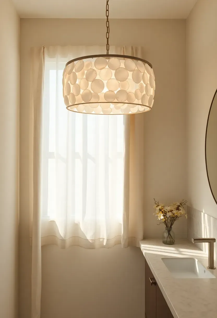 Pearlescent capiz shell drum chandelier casting soft light patterns in a neutral toned bathroom with linen curtains