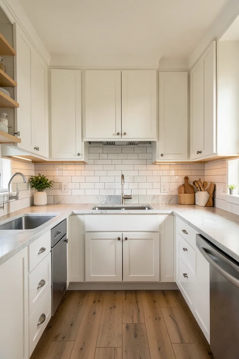 Narrow galley farmhouse kitchen with open ends, parallel white cabinets, and open shelving on one wall for an airy feel