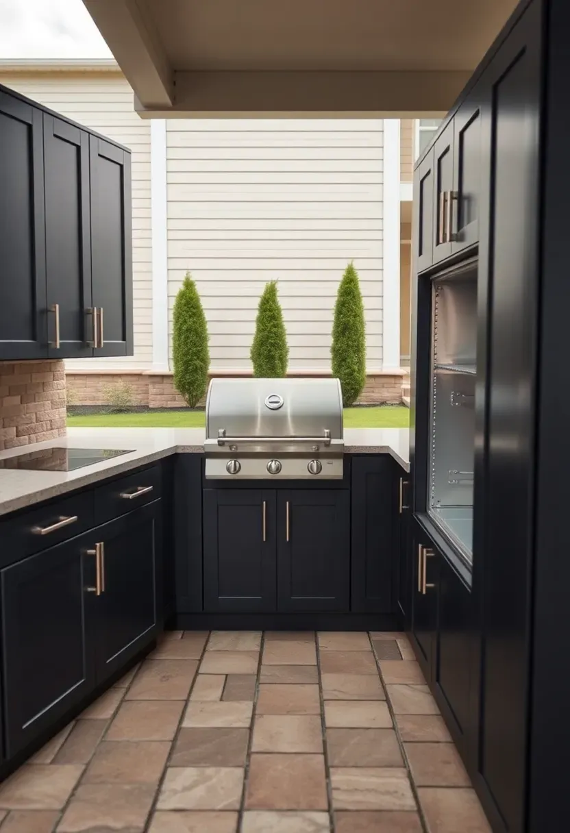 Modular outdoor kitchen cabinets in dark gray finish arranged on a paver patio with plug-and-play appliance slots