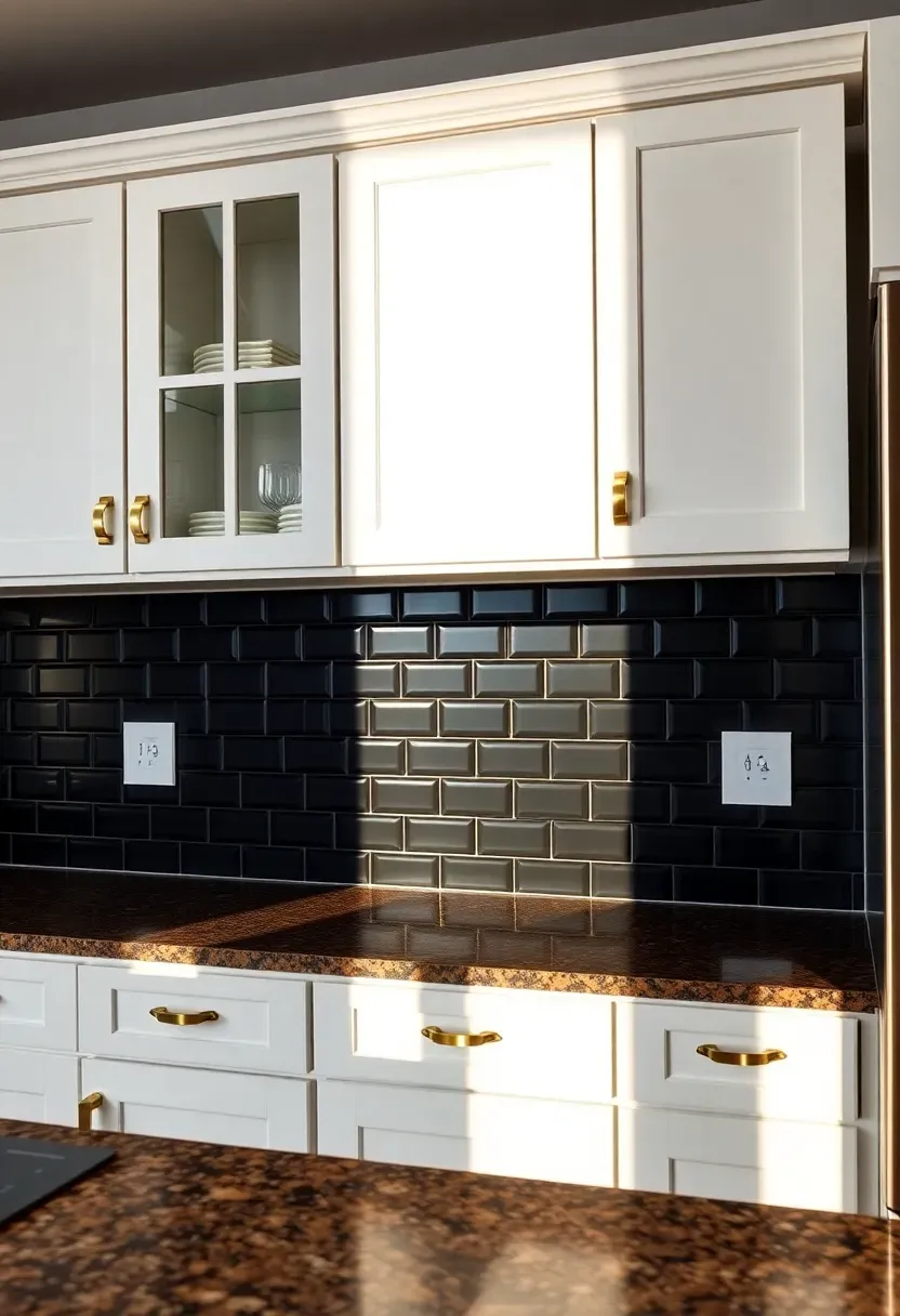 bold matte black tile backsplash creating dramatic contrast with fantasy brown granite countertops and white upper cabinets