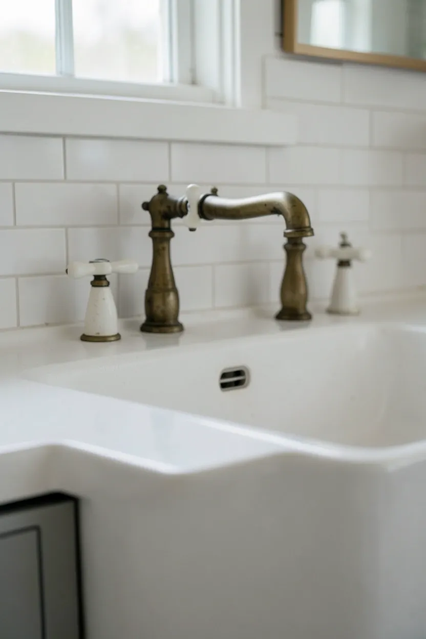 Deep white farmhouse sink with vintage-style brushed nickel bridge faucet and cross handles set in white cabinetry