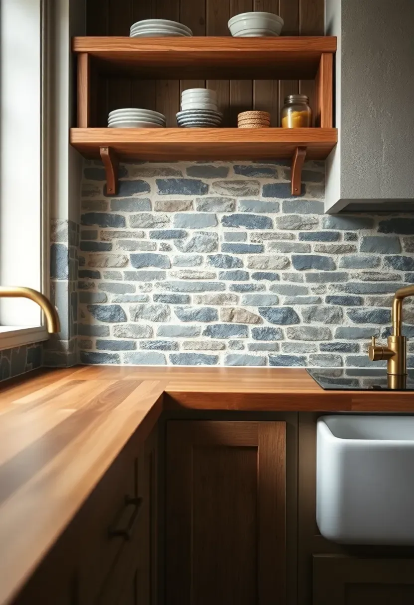 Hyper-realistic close-up view of natural stone backsplash in rustic kitchen. Multicolor slate ledger stone with irregular shapes and varied gray tones, white grout. Butcher block counter, farmhouse sink, open shelves above. Materials: slate ledger stone, oak butcher block, white fireclast sink, brass fixtures. Natural light from window highlighting stone variation and texture. Shallow depth of field showing stone shapes and grout lines. Organic stone backsplash mood.</p>