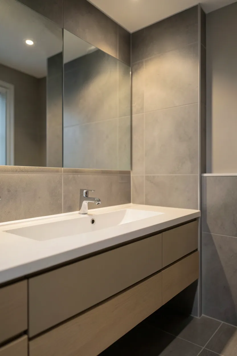 Neutral apartment bathroom with warm greige walls, beige stone countertop, and white vanity — versatile rental color palette