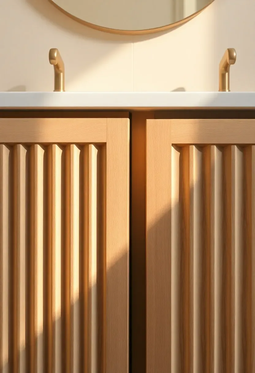 Bathroom vanity with fluted vertical texture in light oak finish and brass hardware