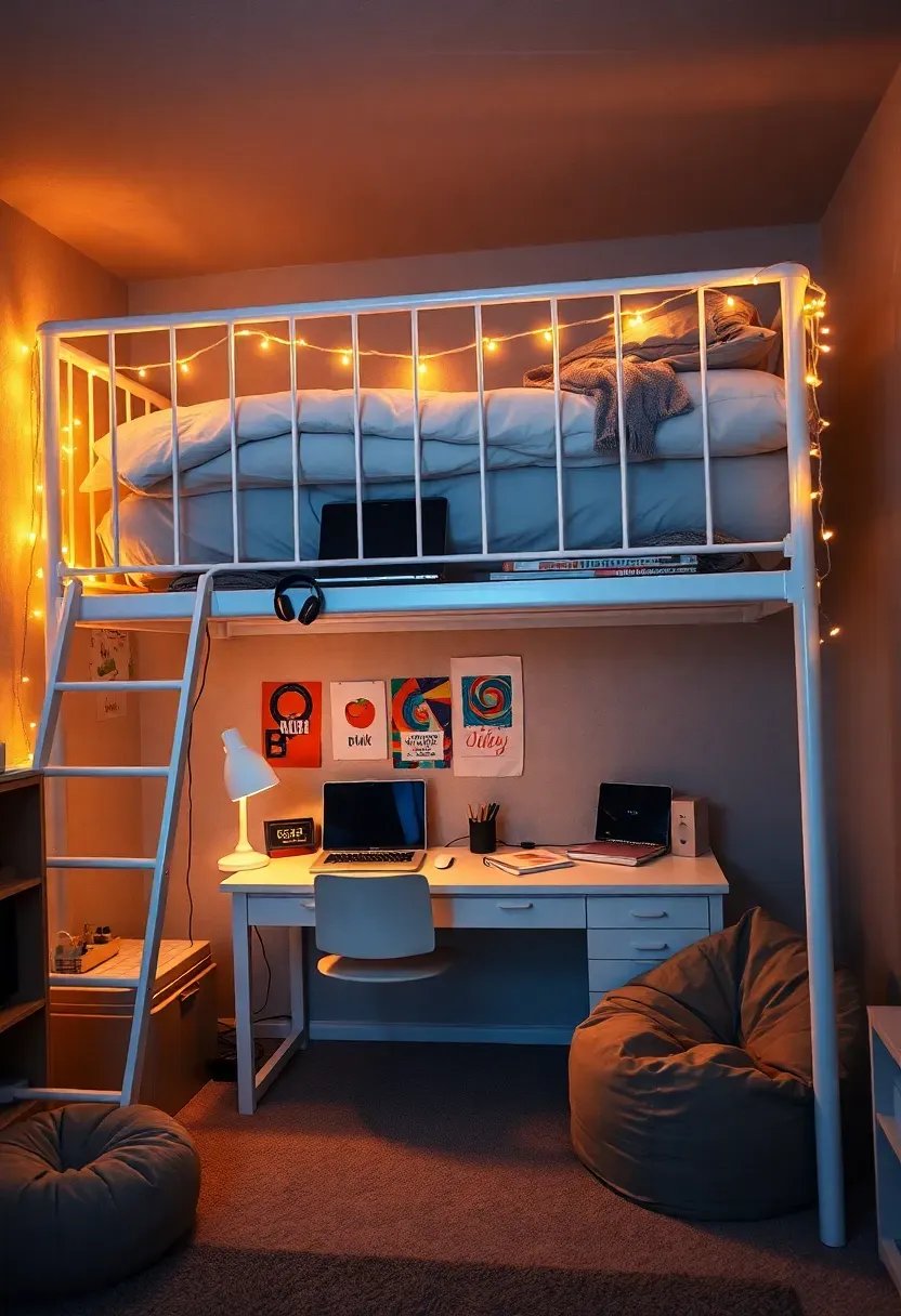 Teenager basement bedroom with a loft bed over a desk area, string lights, and colorful wall art