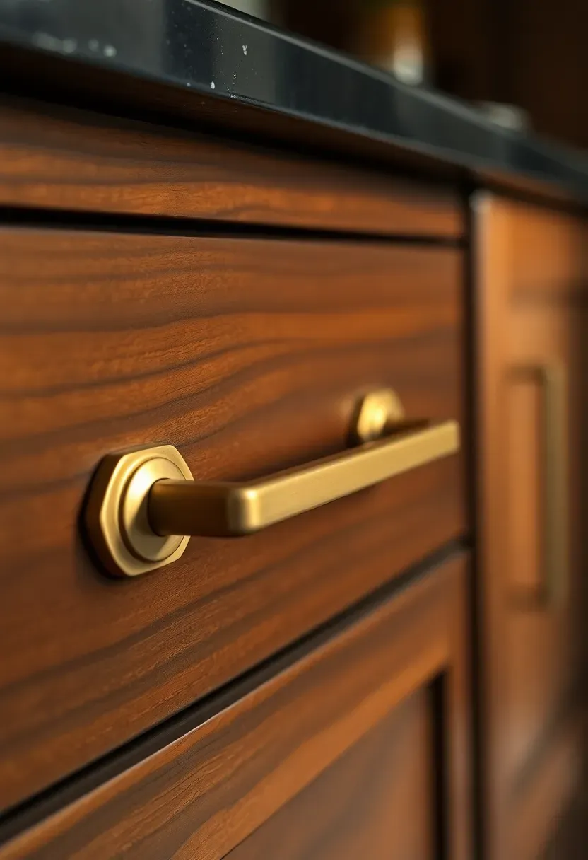 Close-up of unlacquered brass kitchen cabinet handles developing natural patina