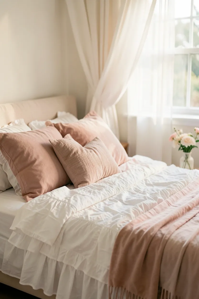 Romantic boho bedroom with ruffled cream duvet, sheer linen curtains, layered throw pillows in blush and sage, and warm string lights