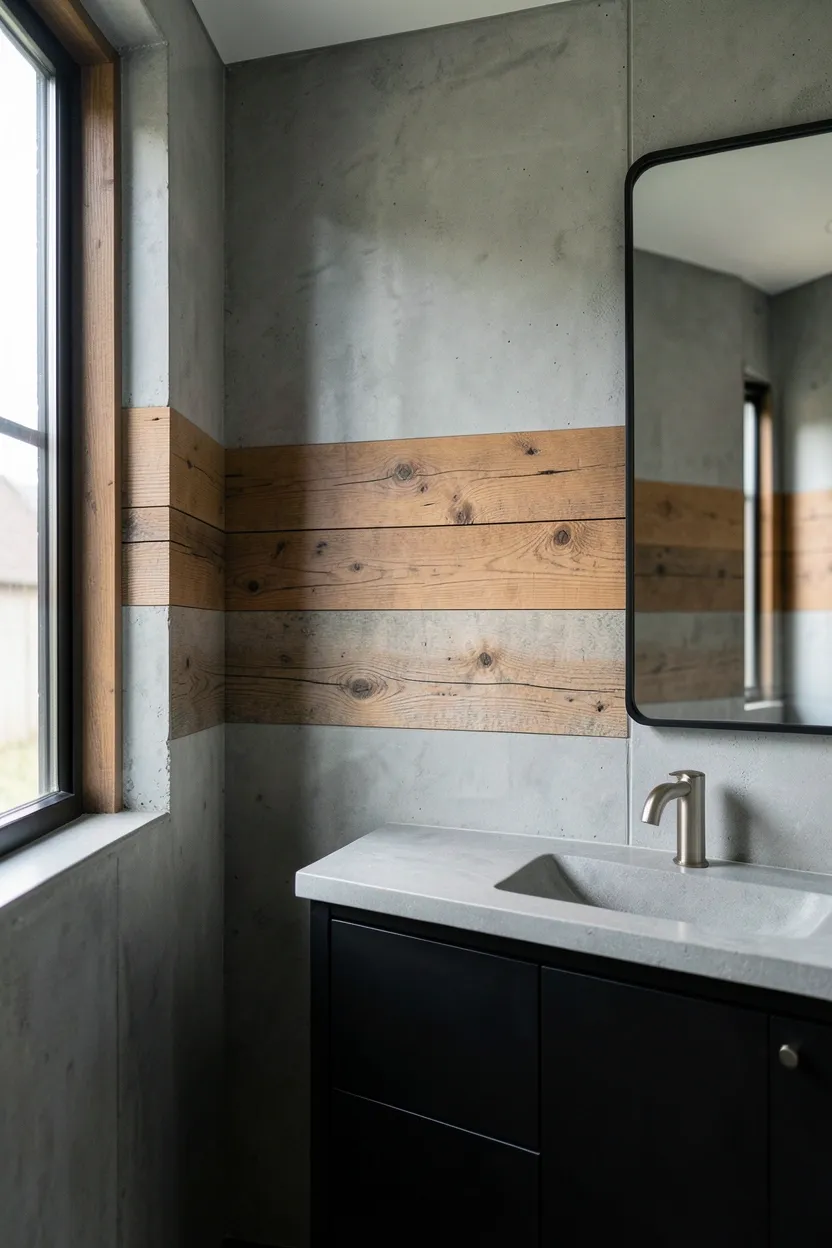 Hyper-realistic eye-level photograph of industrial bathroom with concrete wall panels and reclaimed oak wood accents. Large polished concrete panels covering most of wall, horizontal reclaimed oak planks as accent stripe, matte black vanity with concrete countertop, brushed nickel faucet, black metal frame mirror. Materials: polished gray concrete panels, weathered oak wood planks, matte black metal vanity, brushed nickel fixtures, black metal frame mirror. Natural light from window highlighting concrete surface and wood grain, sophisticated industrial atmosphere. Shallow depth of field, sharp details on concrete finish and wood texture, balanced composition showing wall and vanity. No text, no logos, no watermarks.</p>