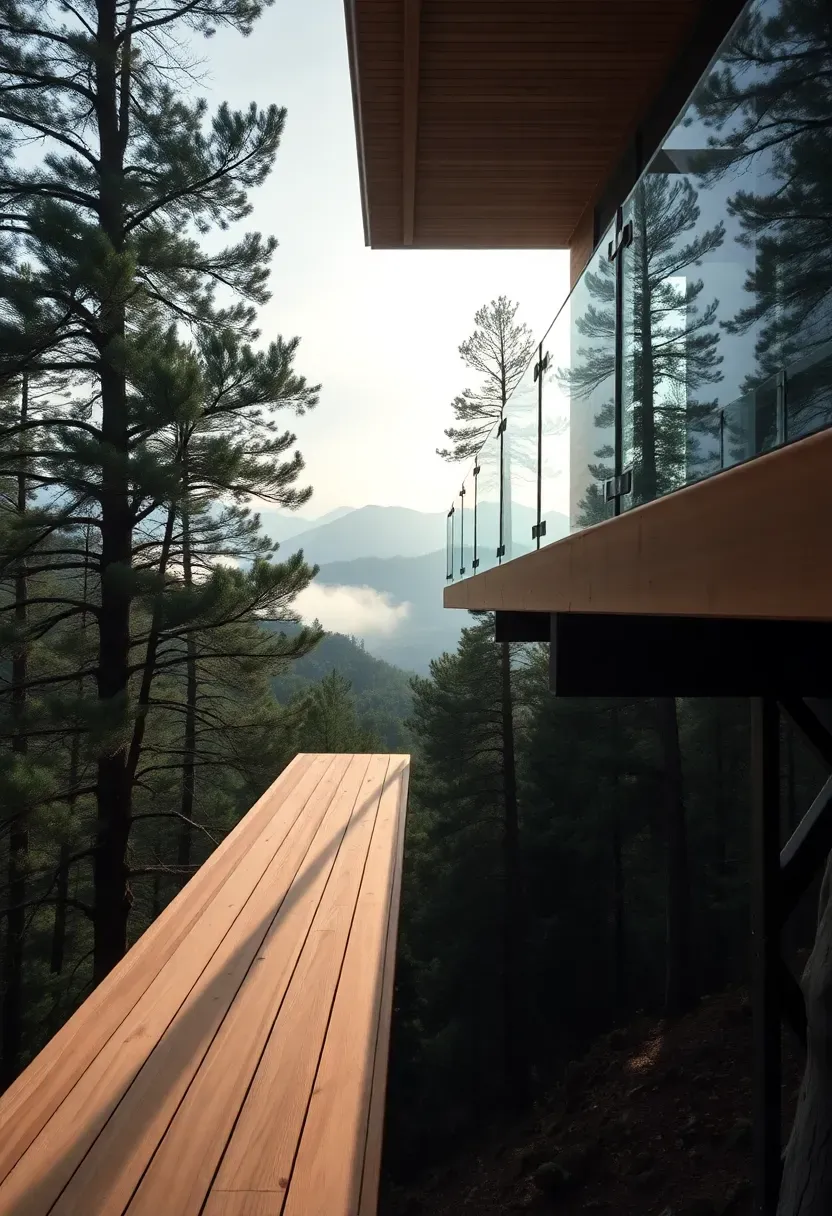 cantilevered wooden deck extending out from a hillside home over a sloped wooded lot with steel beam supports and a glass panel railing offering an elevated forest view