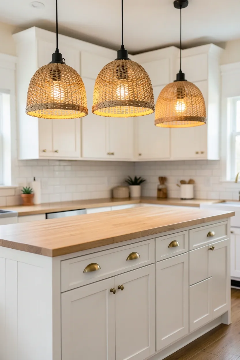 Hyper-realistic eye-level photograph of a boho kitchen with woven light fixtures hanging above the island. Three pendant lights feature woven rattan and bamboo shades in natural honey tones. The fixtures have warm white bulbs creating a soft glow. The island has light wood countertop and white lower cabinets with brass pulls. Behind, white upper cabinets and subway tile backsplash. Natural daylight mixing with warm pendant light. Materials: natural rattan, bamboo, light oak, white painted wood, brass. Warm and organic boho mood. Sharp focus on the woven fixture textures and lighting effect. No text, no logos, no watermarks.</p>