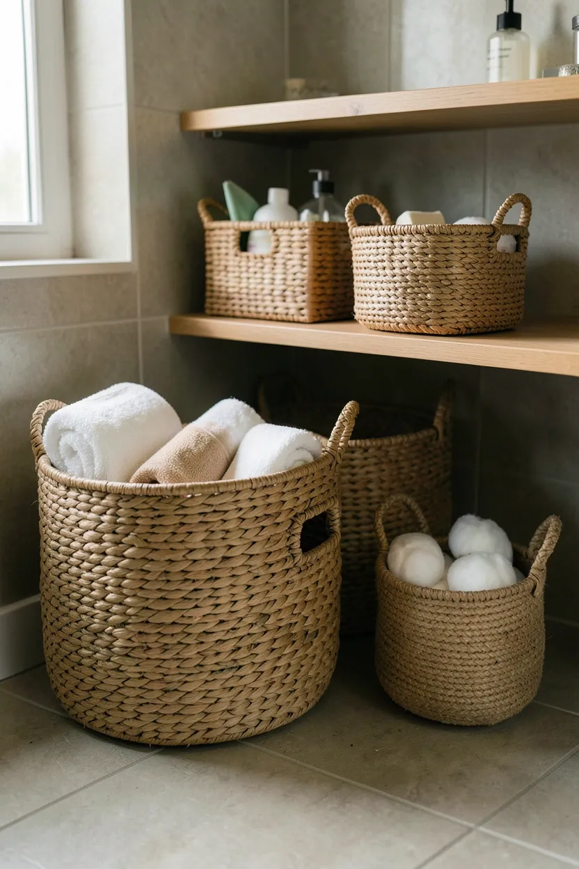 Rattan and seagrass woven basket storage system on bathroom shelves in a small apartment bathroom