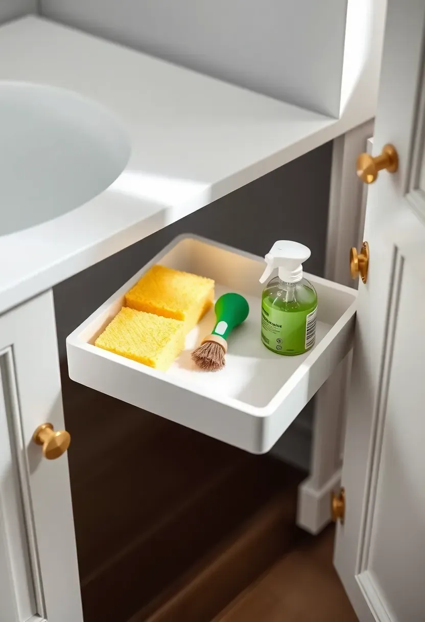 Tip-out tray installed in a false drawer front below a bathroom sink open to show sponges and small cleaning supplies