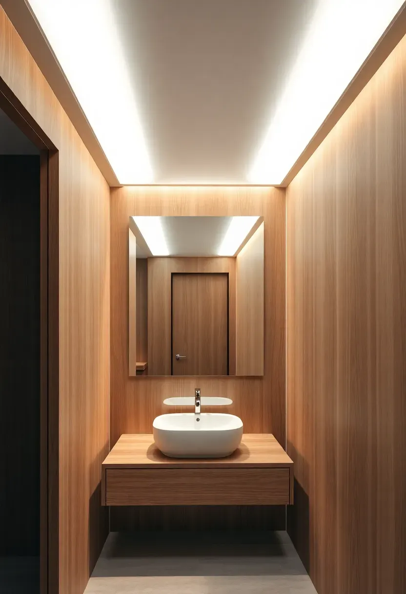 Minimalist bathroom with flush recessed LED panel ceiling emitting warm white light above a floating vanity