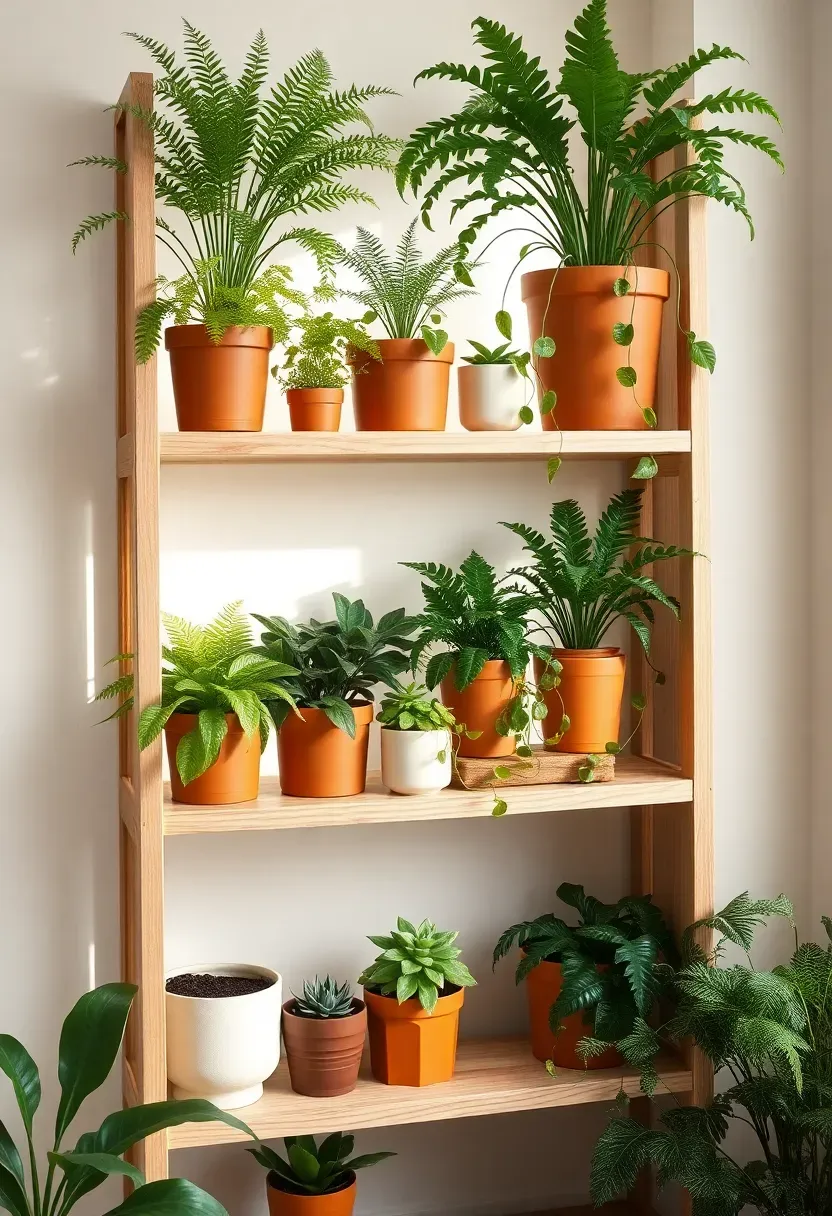 Three-tier natural wood plant shelving unit against a sunroom wall holding a mix of potted ferns, succulents, and trailing plants in terracotta and ceramic pots
