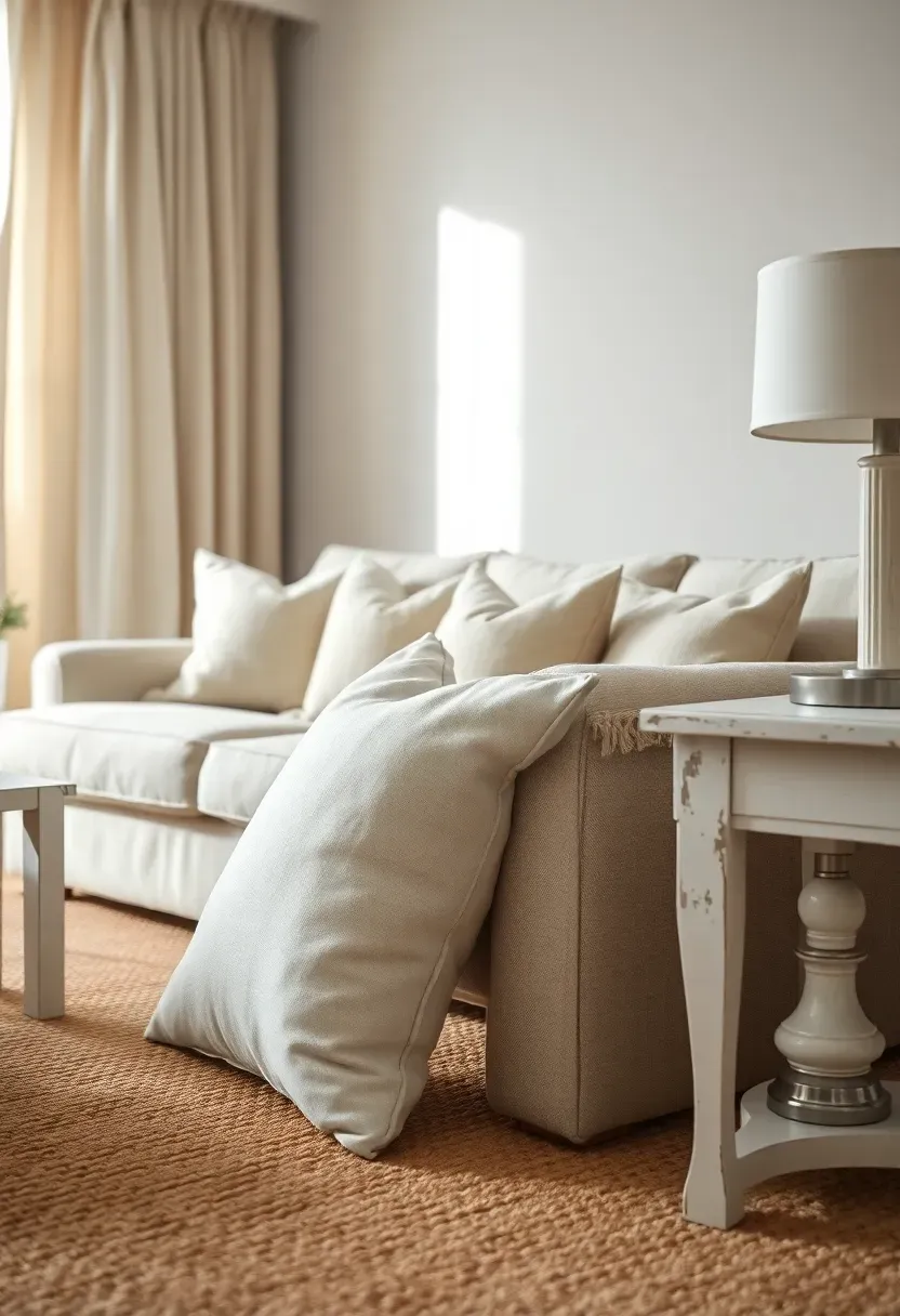 Layered cream and ivory textiles on living room furniture with natural light streaming in