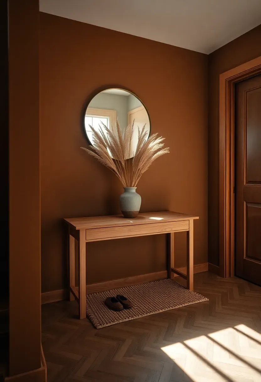 entryway with raw umber painted walls and a natural wood console table with ceramic vase
