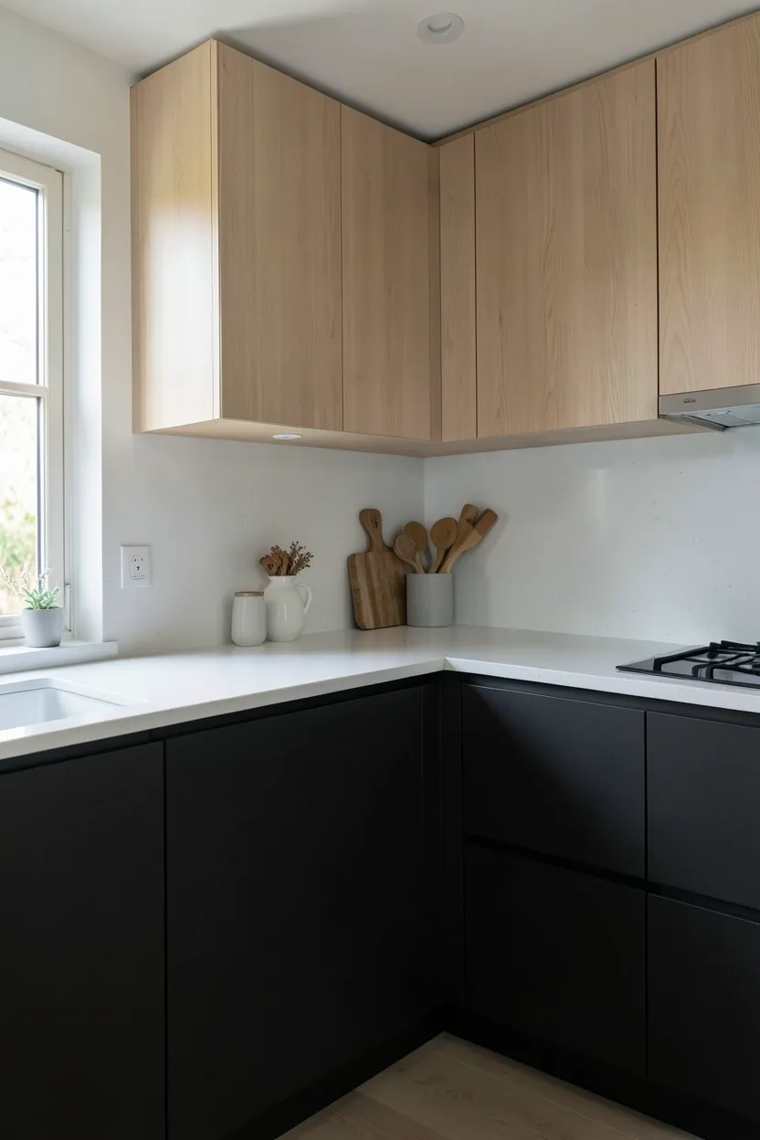Japandi kitchen with indoor plants in matte white ceramic pots on open shelves and near a sunlit window