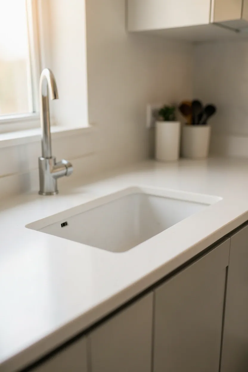 Seamless porcelain countertop with integrated sink and drainboard in a modern Scandinavian kitchen — no visible rim for a clean continuous surface