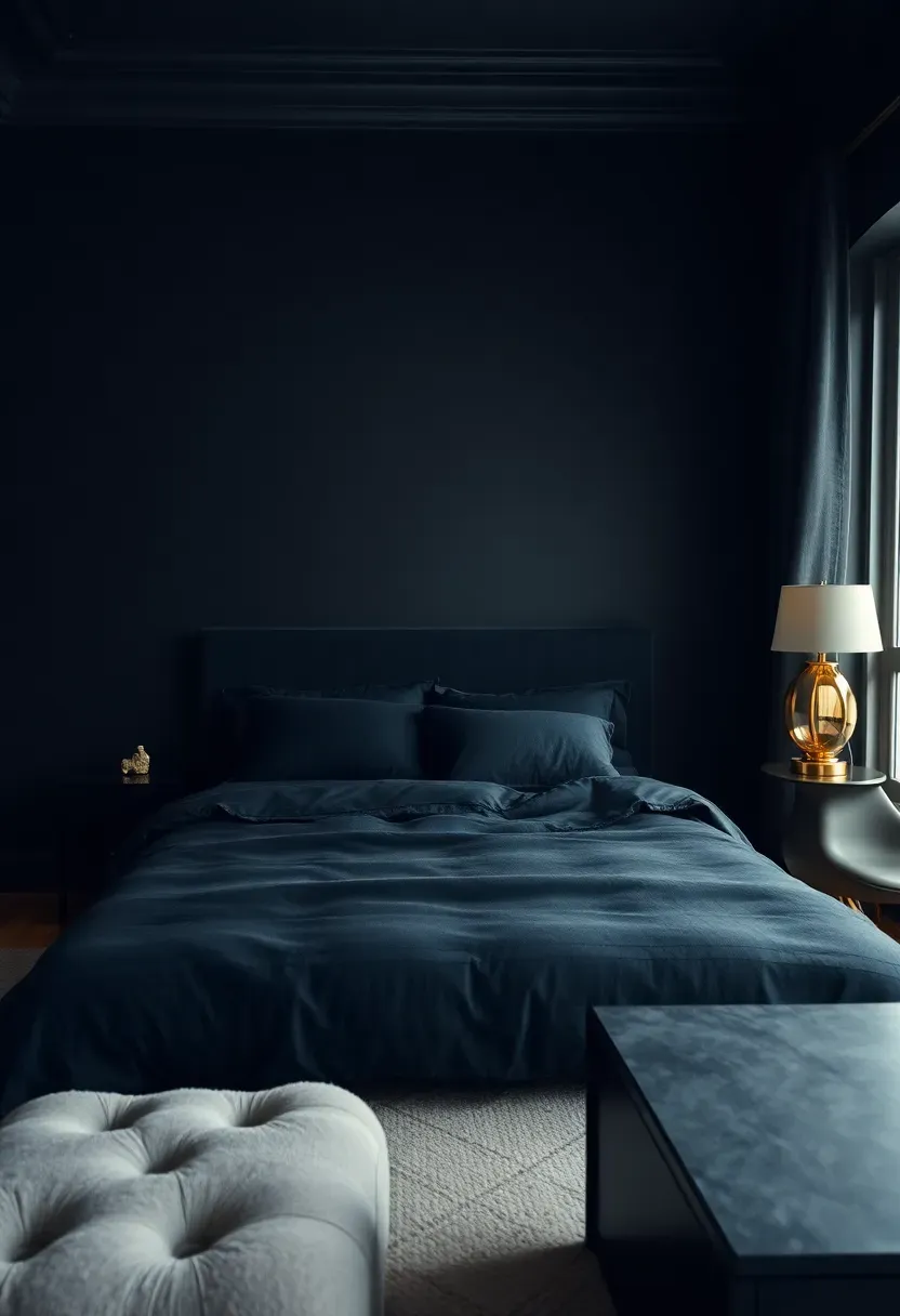 Hyper-realistic wide shot of monochromatic black bedroom with varying textures—matte black walls, black velvet bedding, black lacquer nightstands, single gold accent lamp. Materials: matte black paint walls, satin black trim, black velvet duvet, black lacquer furniture, polished brass lamp. Warm golden glow from single brass lamp (2700K), minimal window light. Luxurious cocoon mood, shallow depth of field with varying black textures visible. No text, no logos, no watermarks.</p>