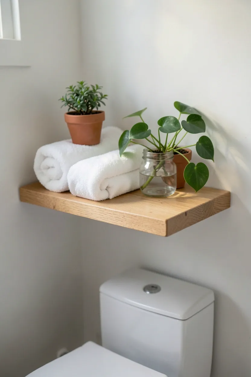 White floating shelf above toilet with folded towels and small plant in a small renter-friendly bathroom