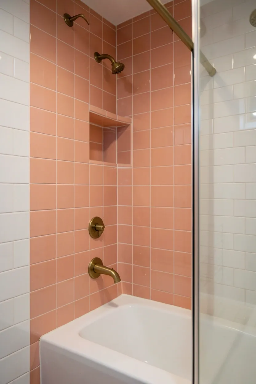 Salmon-tiled shower niche with gold fixtures contrasting white subway tile surround in apartment bathroom